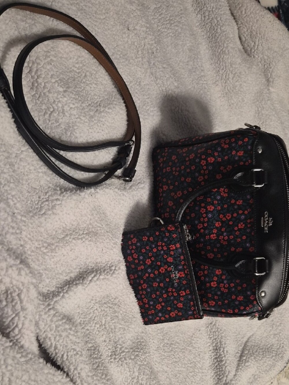 Coach Black Floral Mini Satchel - Red and Blue Flowers